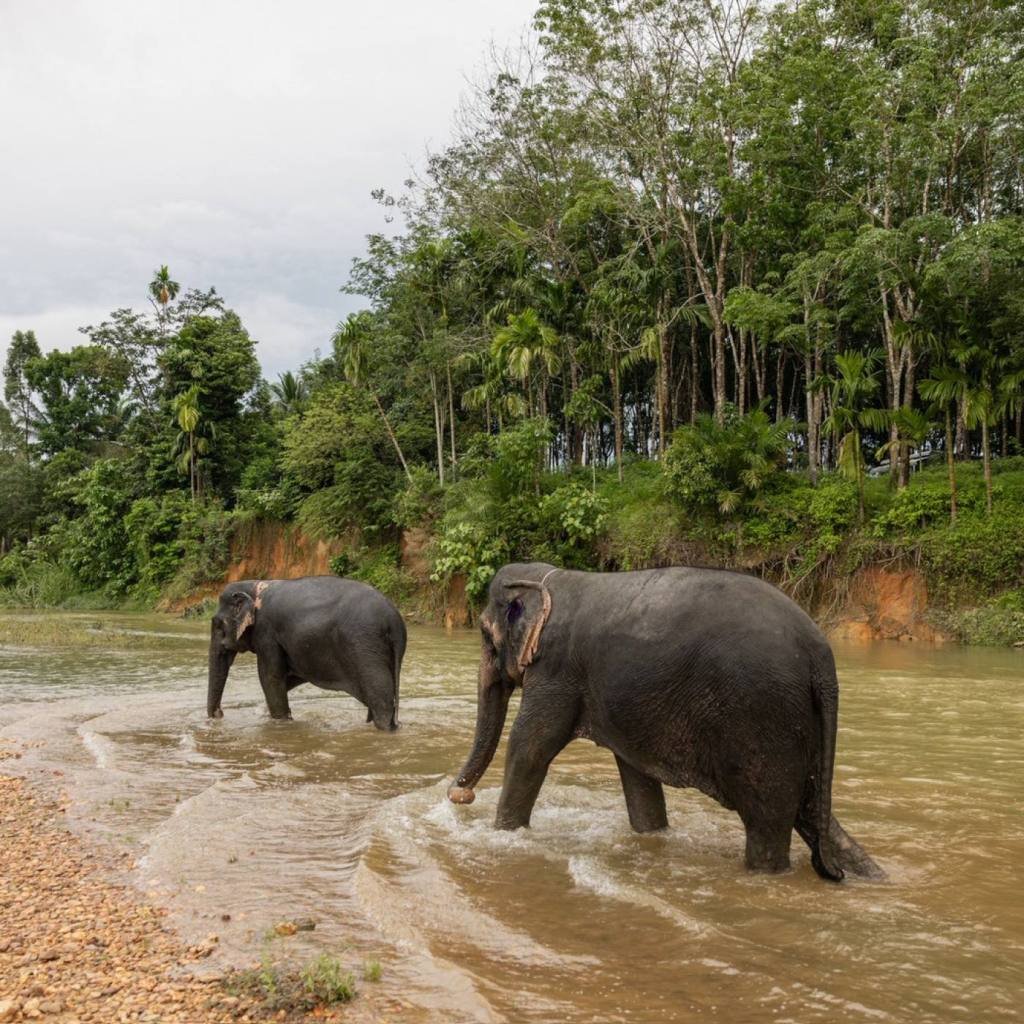 Elephants walking near water in the Khao Sok area